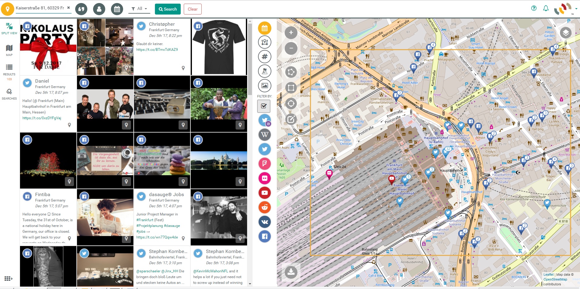 Suche mit Echosec nach Postings in Sozialen Netzwerken in der Frankfurter Innenstadt