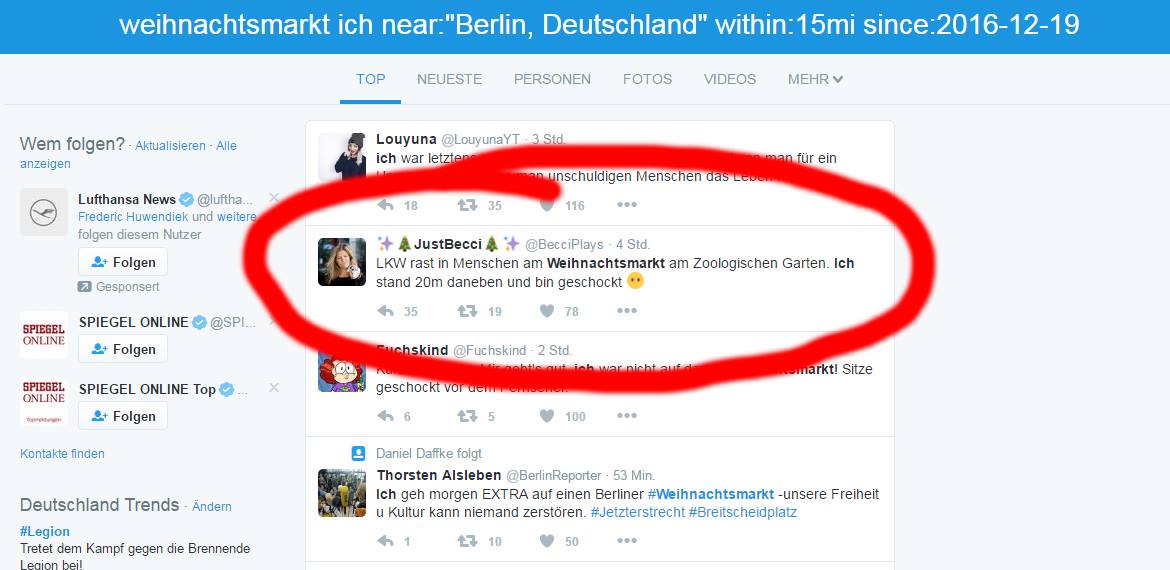 Screenshot Twitter mit Ergebnissen der Augenzeugen-Suche nach den Begriffen "ich" und "Weihnachtsmarkt"