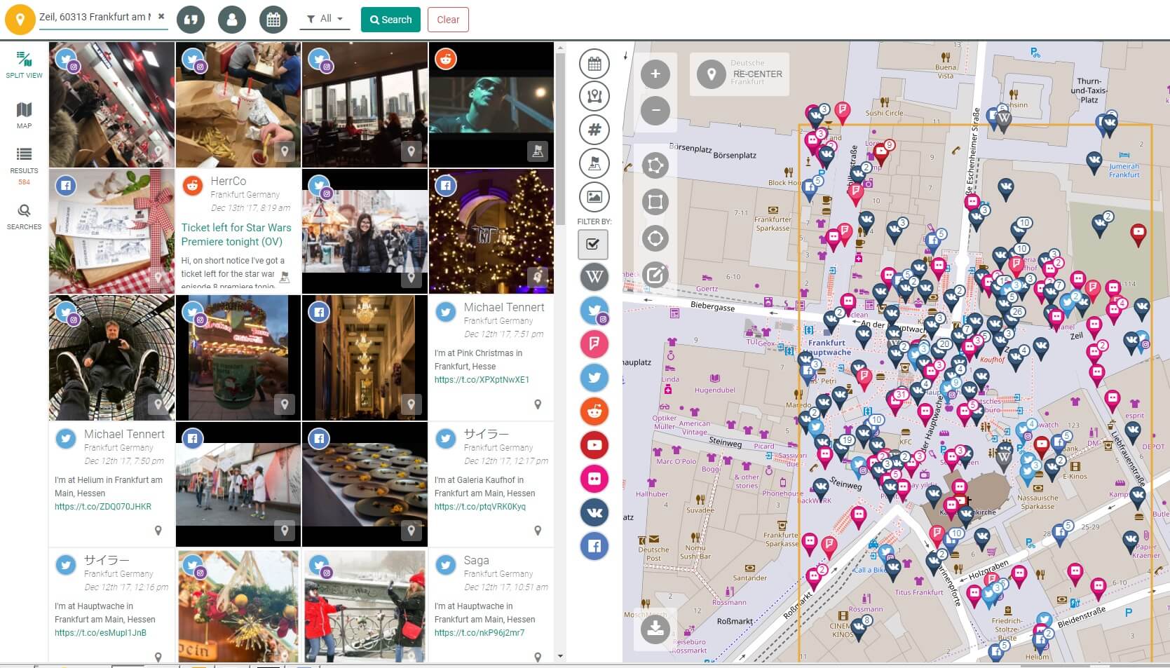 Screenshot Echosec mit Landkarte der Frankfurter Innenstadt, auf der Postings verschiedener Sozialer Netzwerke verortet sind