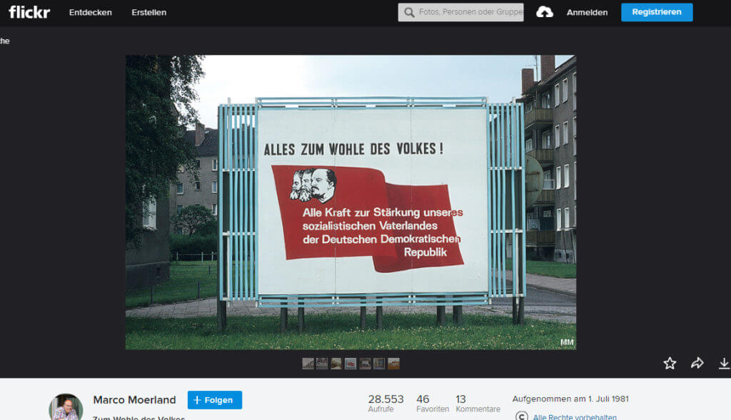 erfolgreiche Verifikation: Screenshot von Flickr mit SED-Plakat von 1981 mit Slogan "Alles zum Wohle des Volkes"