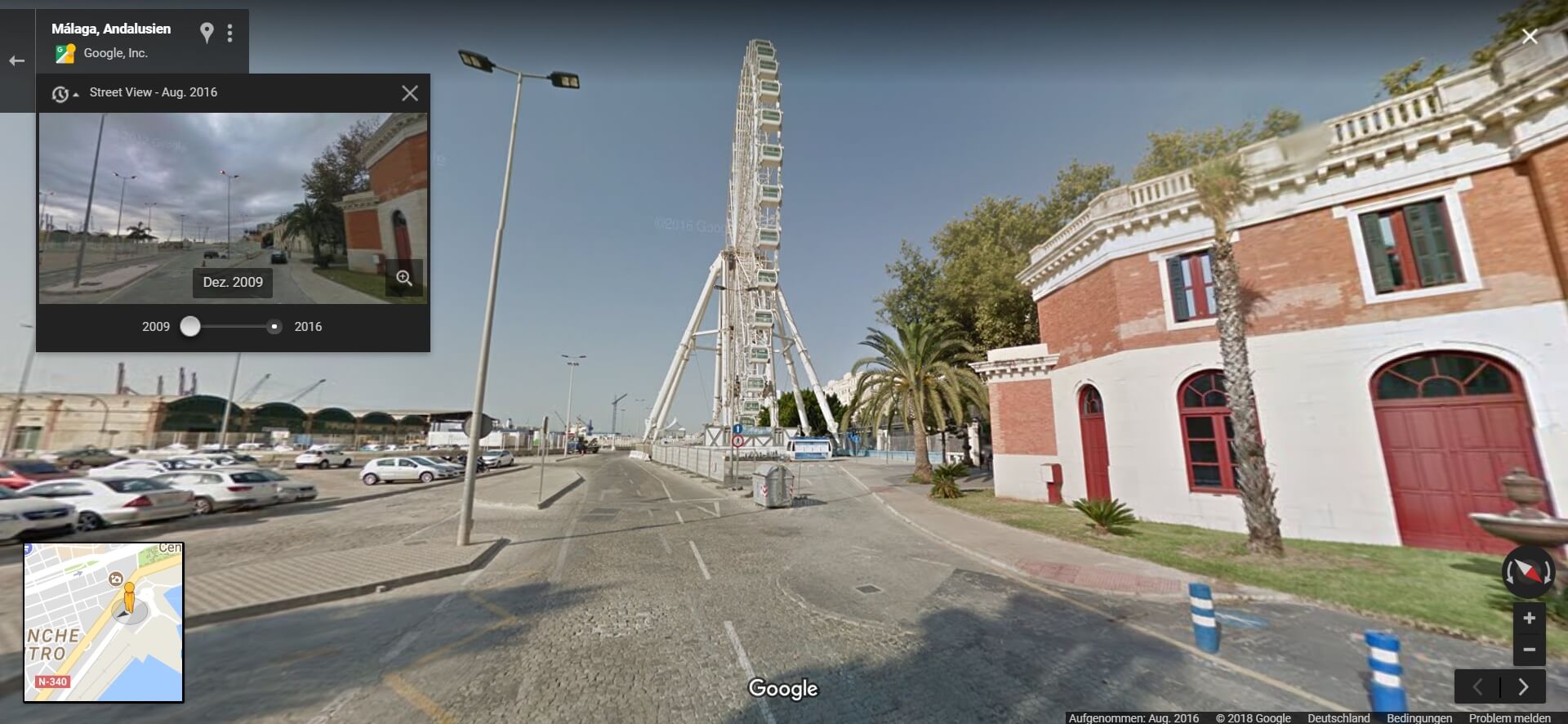 Ansicht Google-Streetview einer Straße am Hafen von Malaga mit Auswahl von Bild-Ansichten aus verschiedenen Zeiten